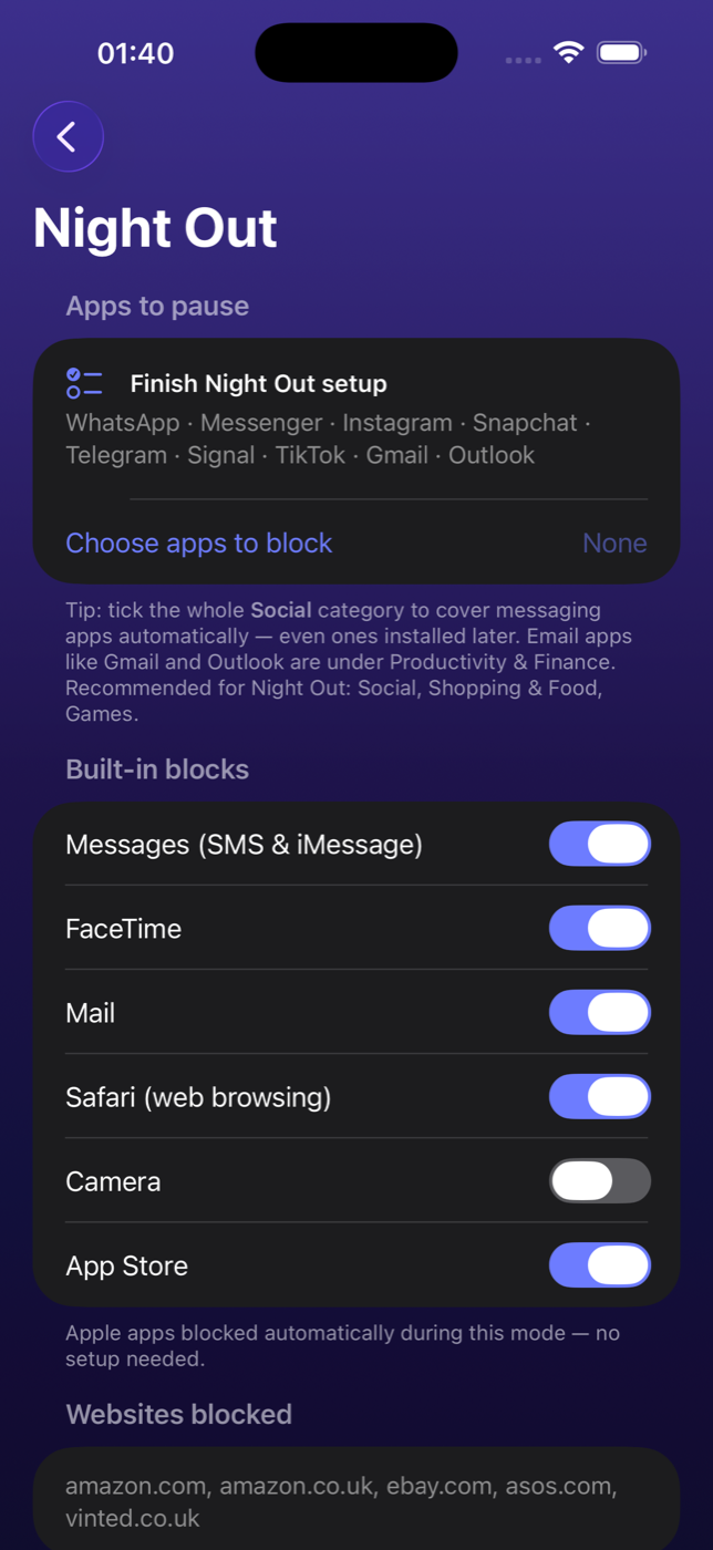 Night Out mode setup showing blocked messaging apps